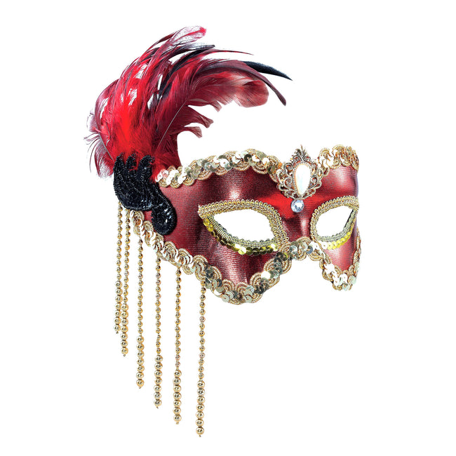 Red-Gold - Front - Bristol Novelty Womens-Ladies Satin Mask With Feathers
