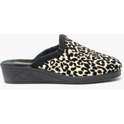 Black-Beige - Front - Sleepers Womens-Ladies Leopard Print Slippers