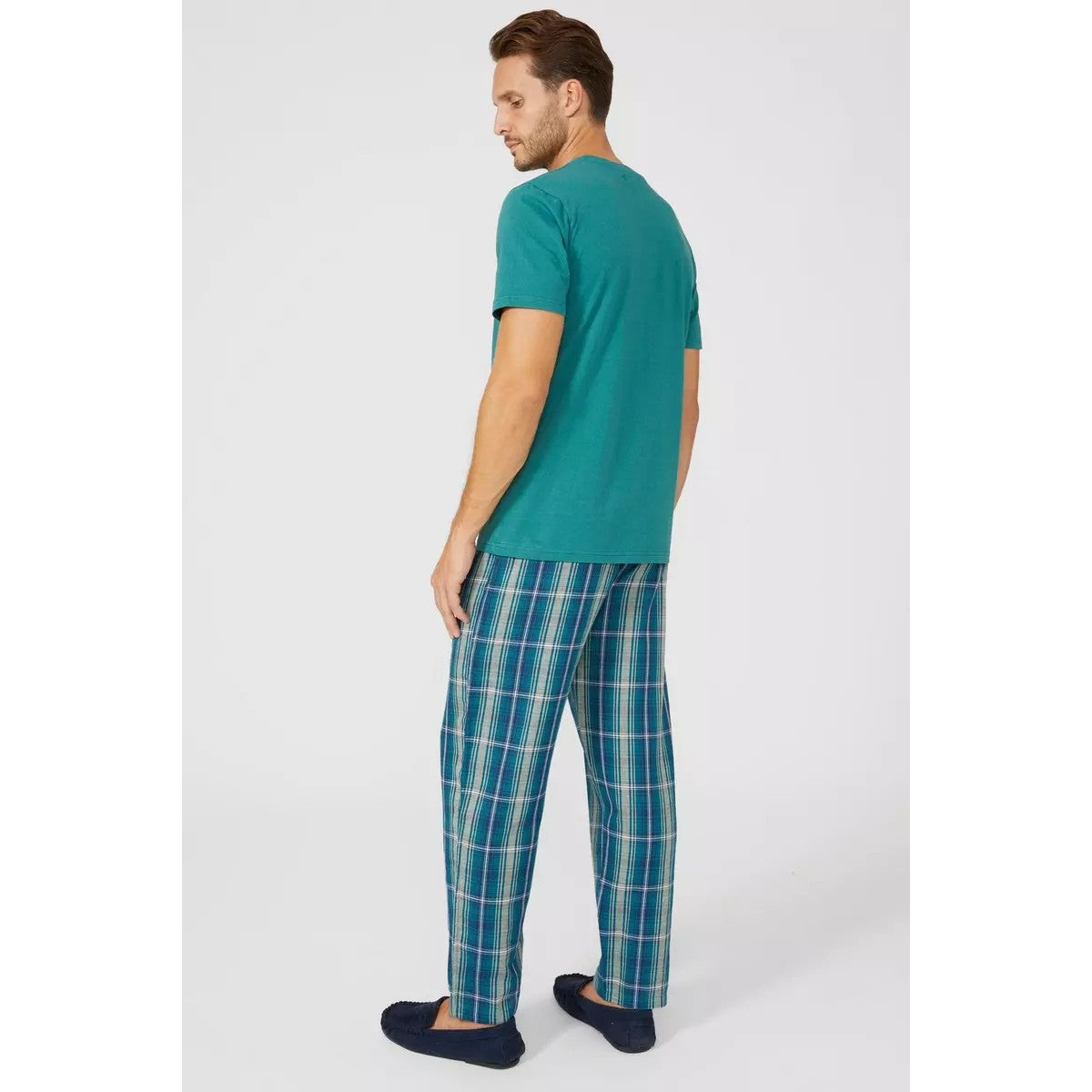 Teal - Back - Debenhams Mens Checked Pyjama Set
