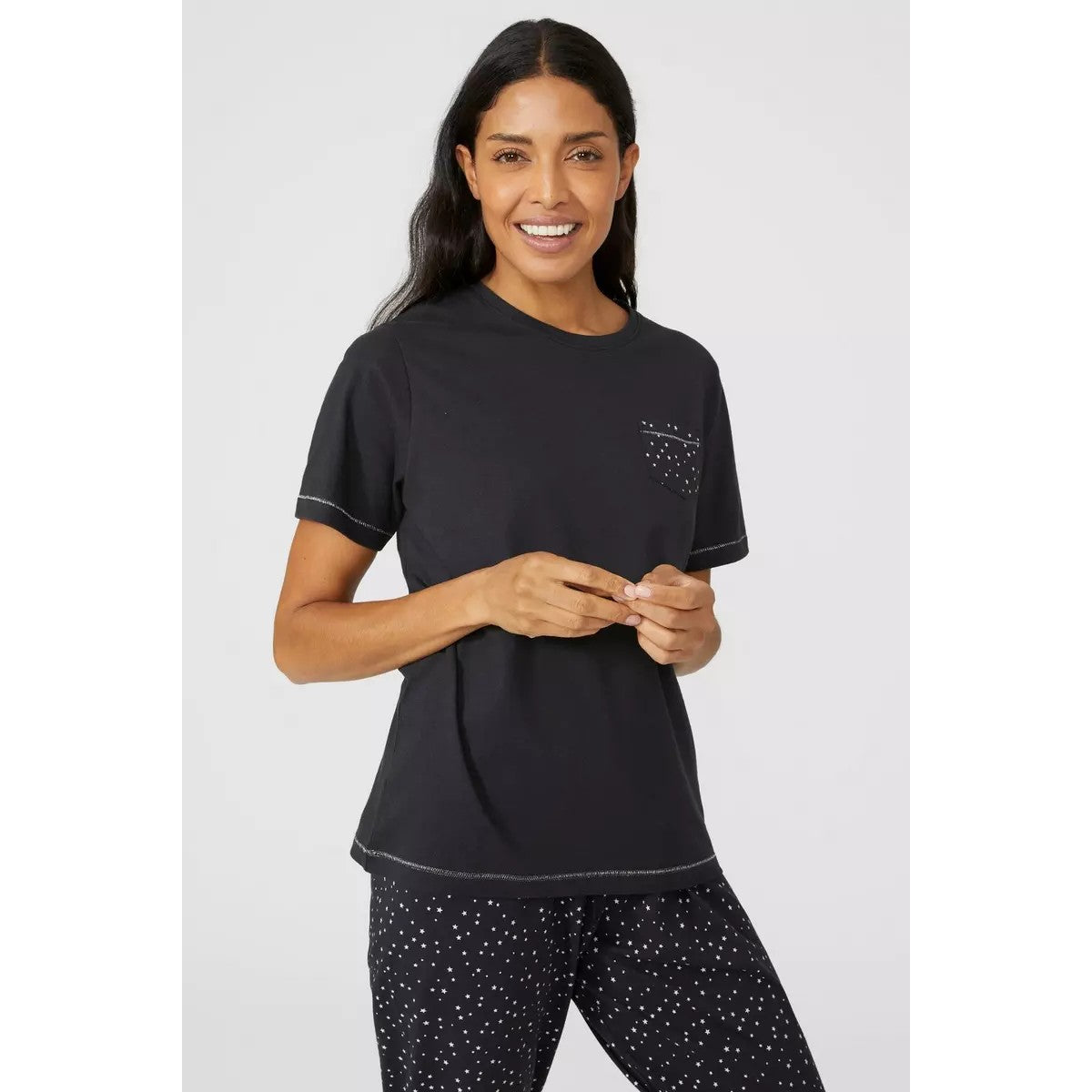 Black - Side - Debenhams Womens-Ladies Star Jersey Pyjama Set