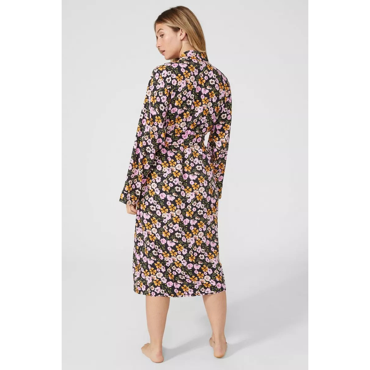 Black-Pink-Yellow - Back - Debenhams Womens-Ladies Autumn Meadow Floral Woven Wrap Long Robe