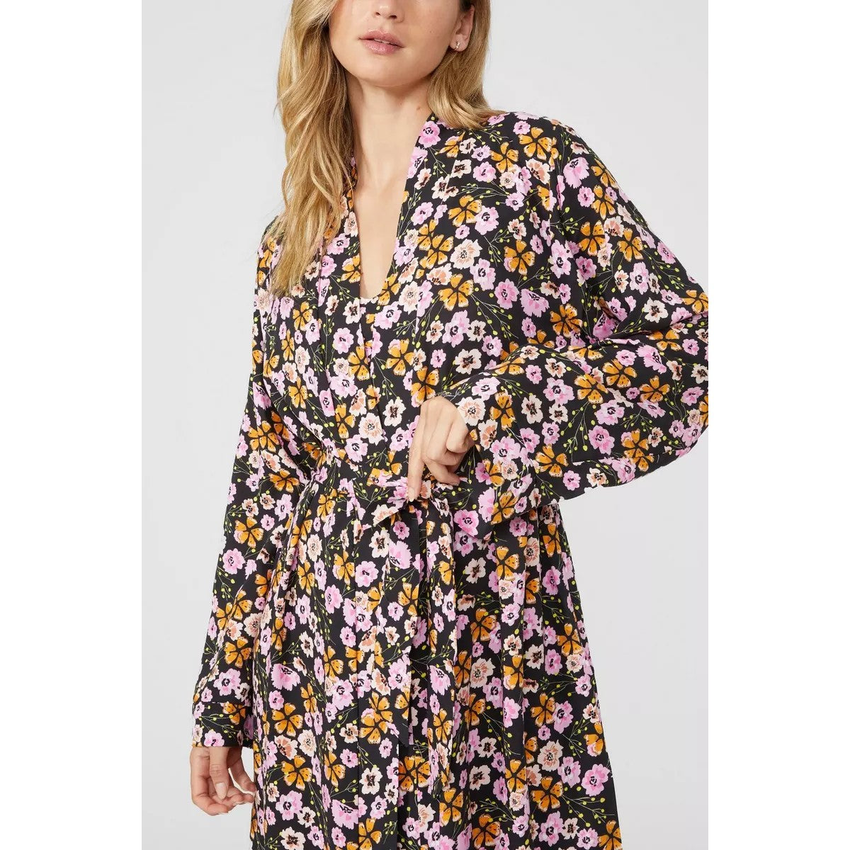 Black-Pink-Yellow - Side - Debenhams Womens-Ladies Autumn Meadow Floral Woven Wrap Long Robe