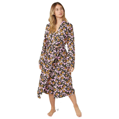 Black-Pink-Yellow - Front - Debenhams Womens-Ladies Autumn Meadow Floral Woven Wrap Long Robe