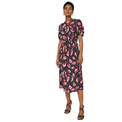 Black - Front - Principles Womens-Ladies Leaf Print Pleated Puffed Midi Dress