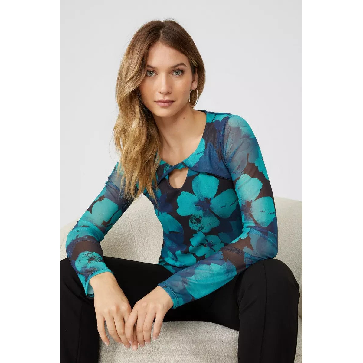 Green - Lifestyle - Principles Womens-Ladies Mesh Twisted Knot Front Long-Sleeved Top