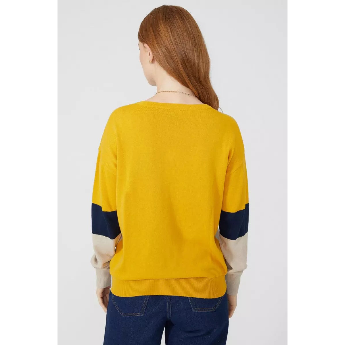 Mustard Yellow - Back - Maine Womens-Ladies Colour Block Cotton V Neck Jumper