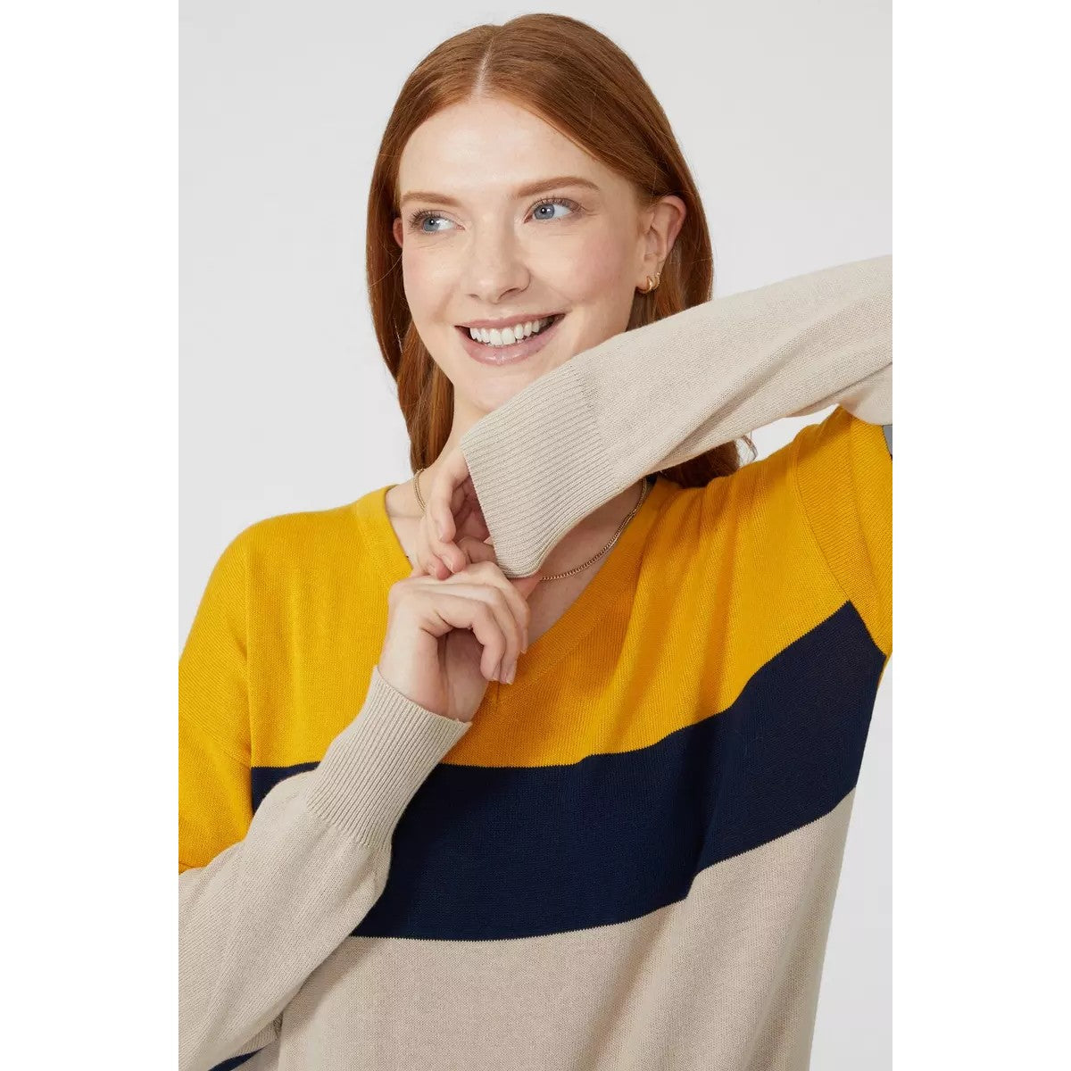 Mustard Yellow - Side - Maine Womens-Ladies Colour Block Cotton V Neck Jumper