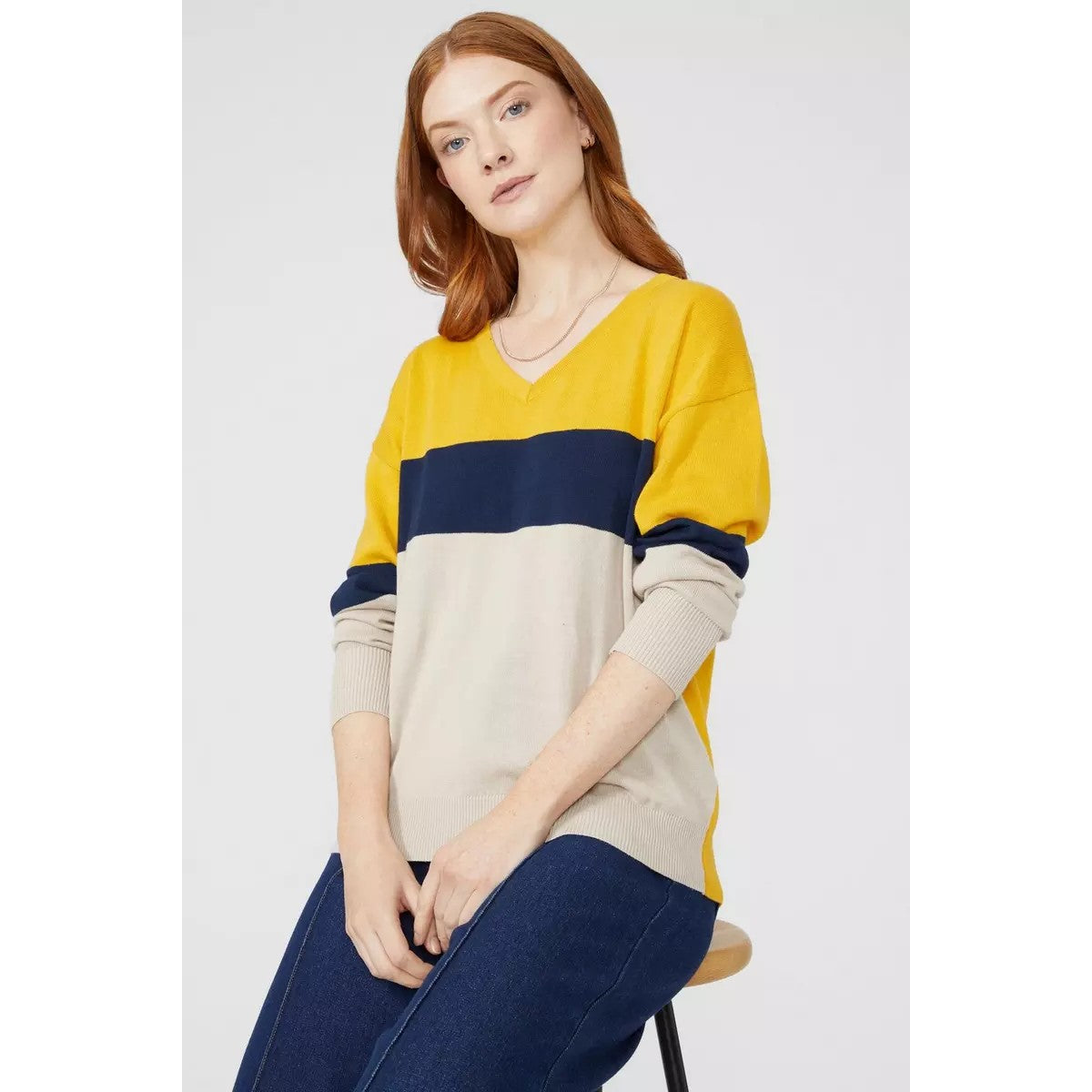 Mustard Yellow - Lifestyle - Maine Womens-Ladies Colour Block Cotton V Neck Jumper