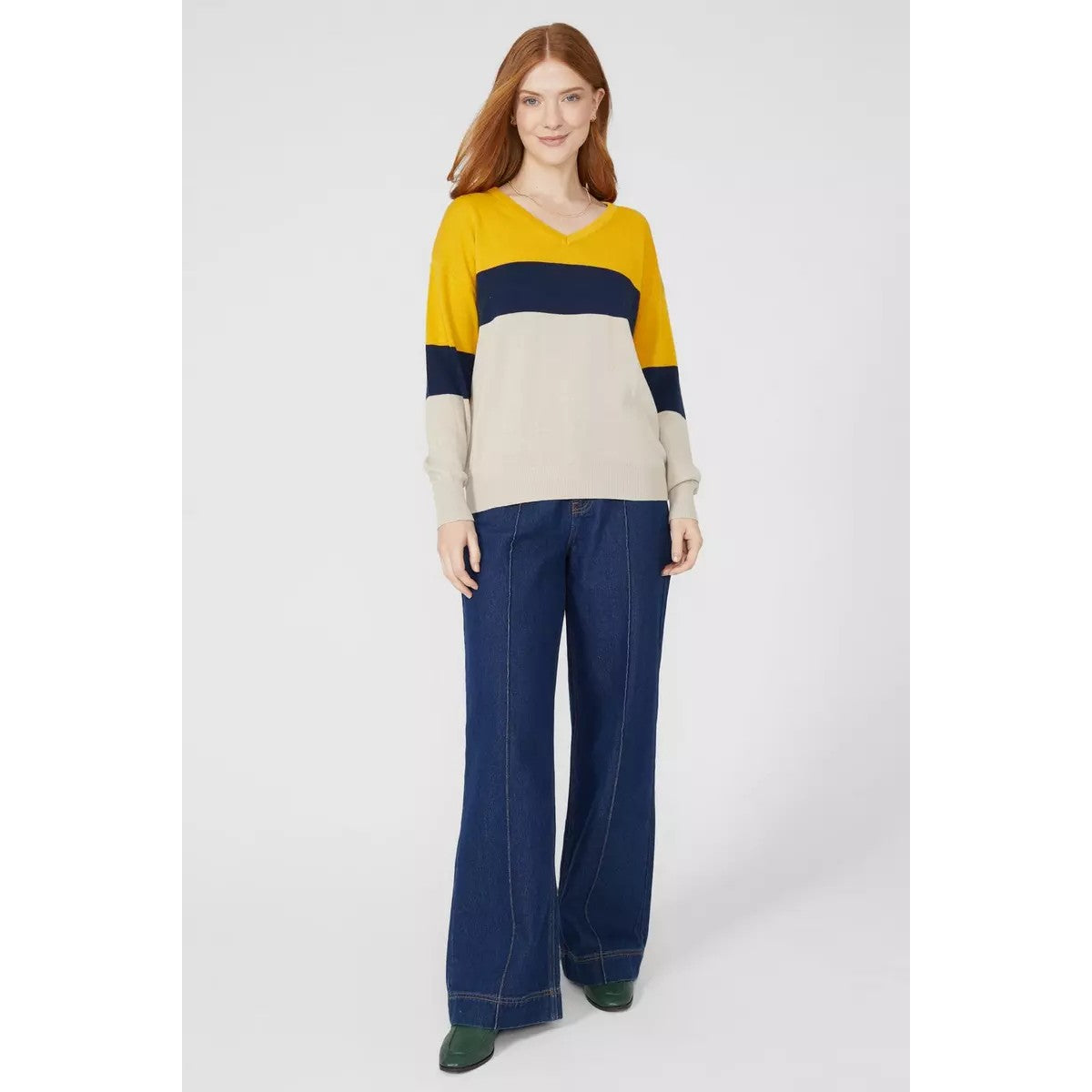 Mustard Yellow - Pack Shot - Maine Womens-Ladies Colour Block Cotton V Neck Jumper