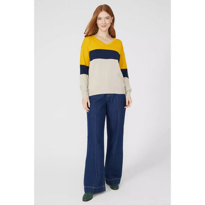 Mustard Yellow - Pack Shot - Maine Womens-Ladies Colour Block Cotton V Neck Jumper