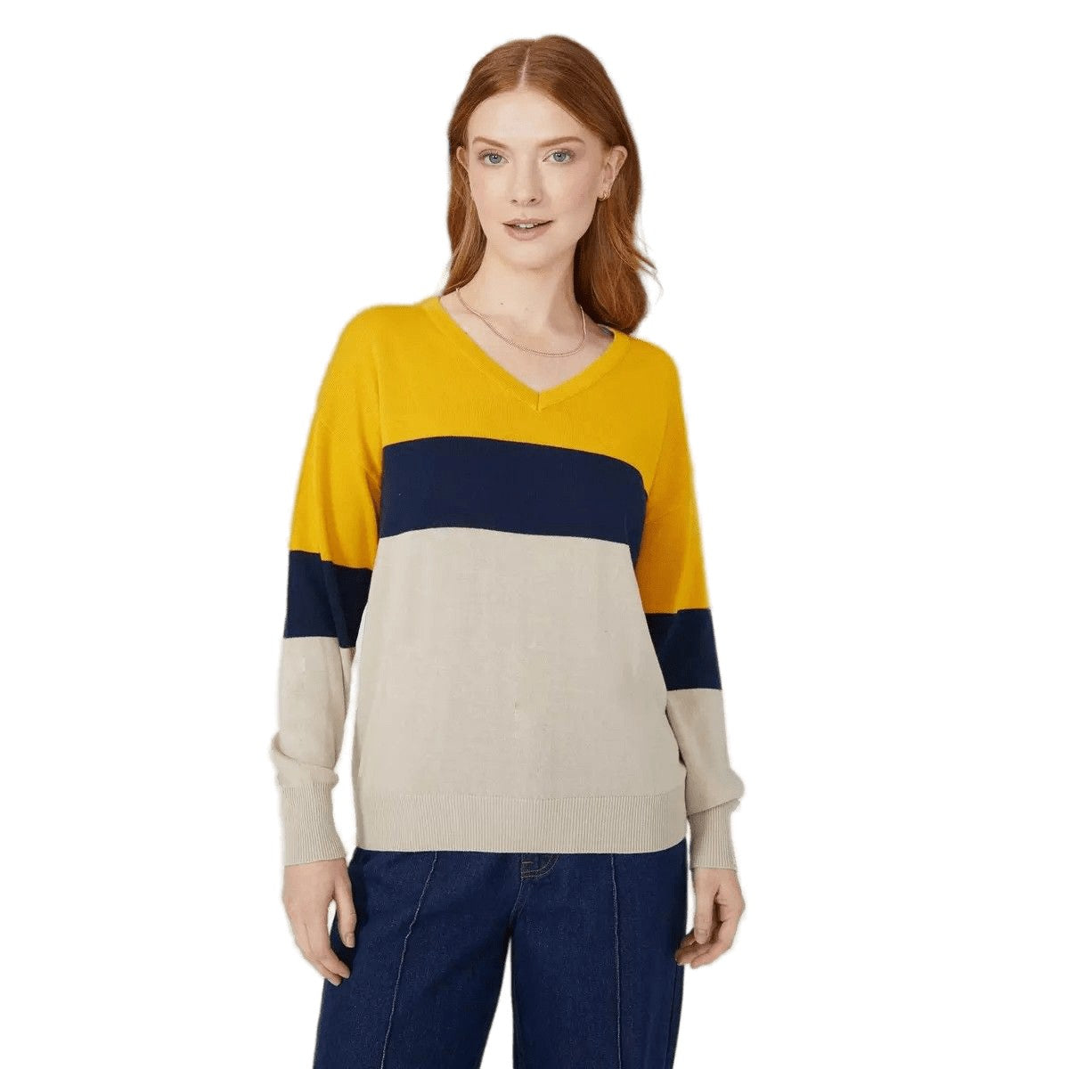 Mustard Yellow - Front - Maine Womens-Ladies Colour Block Cotton V Neck Jumper