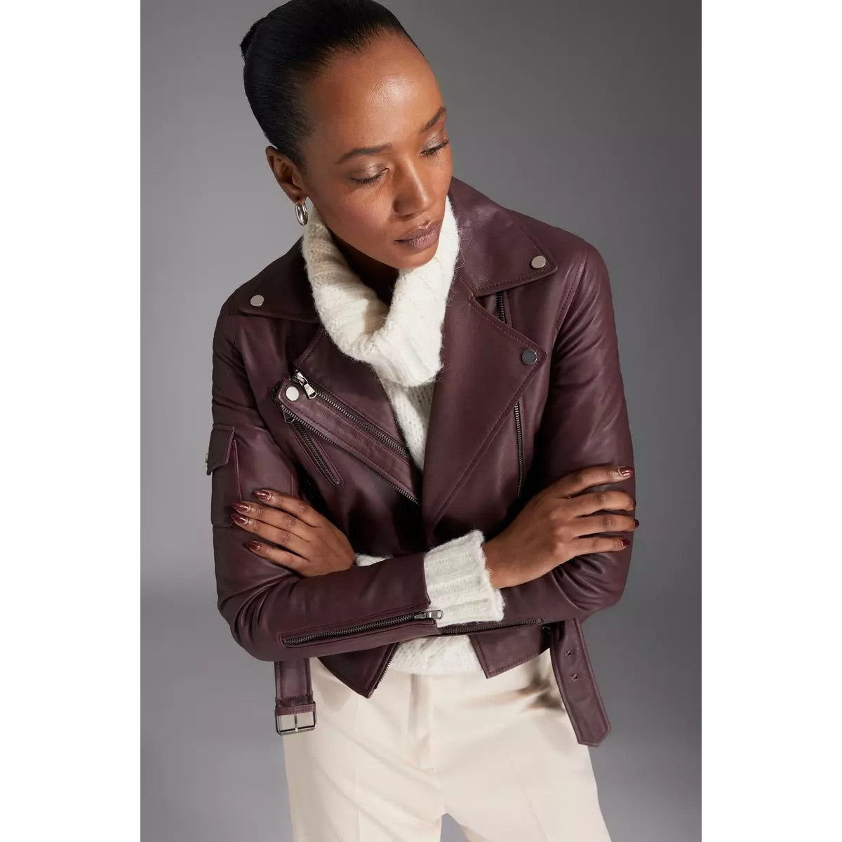 Berry - Side - Principles Womens-Ladies Leather Biker Jacket