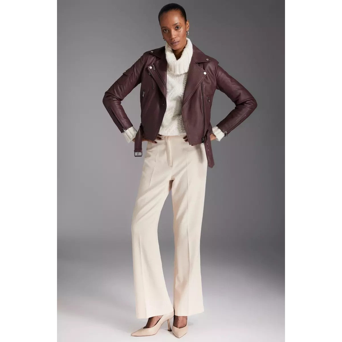 Berry - Pack Shot - Principles Womens-Ladies Leather Biker Jacket