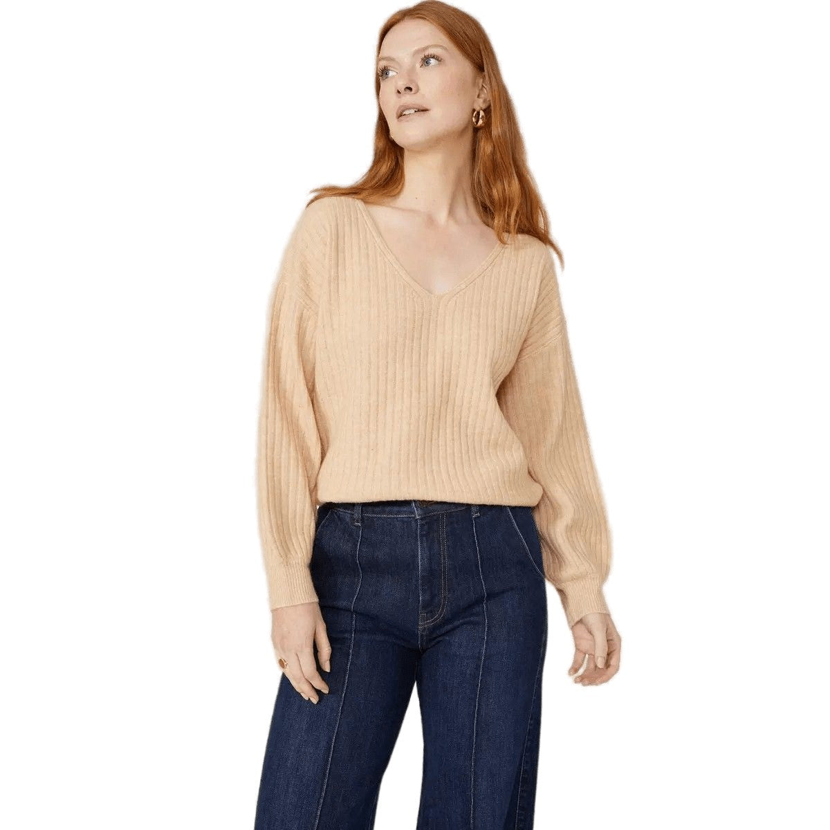 Oatmeal - Front - Maine Womens-Ladies Ribbed Soft Stitch Detail Jumper