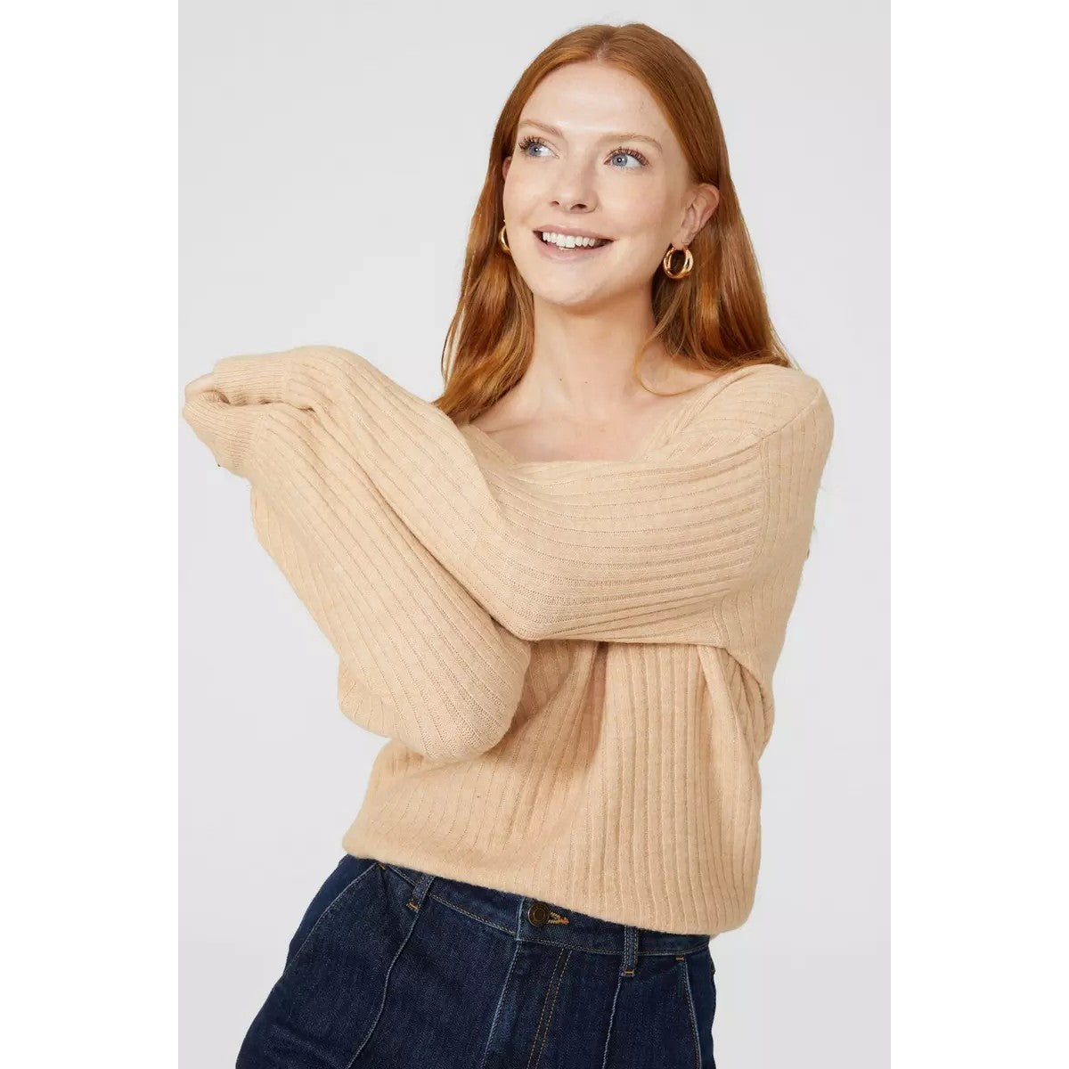 Oatmeal - Side - Maine Womens-Ladies Ribbed Soft Stitch Detail Jumper
