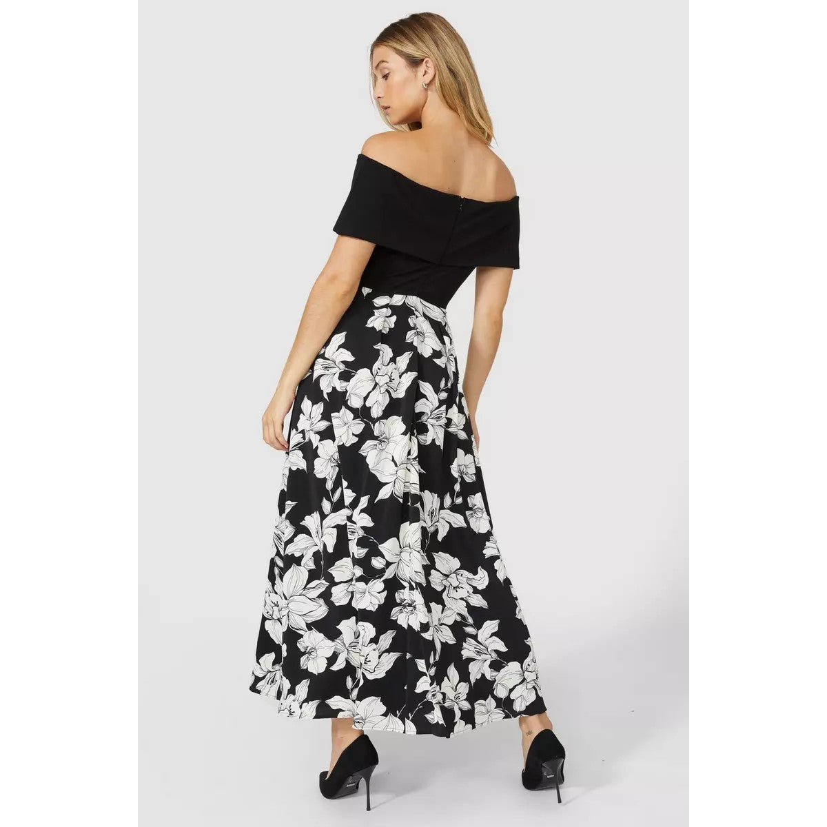 Black-White - Back - Principles Womens-Ladies Occasion Floral Off Shoulders Midaxi Dress