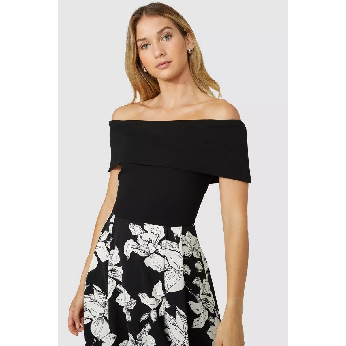 Black-White - Side - Principles Womens-Ladies Occasion Floral Off Shoulders Midaxi Dress