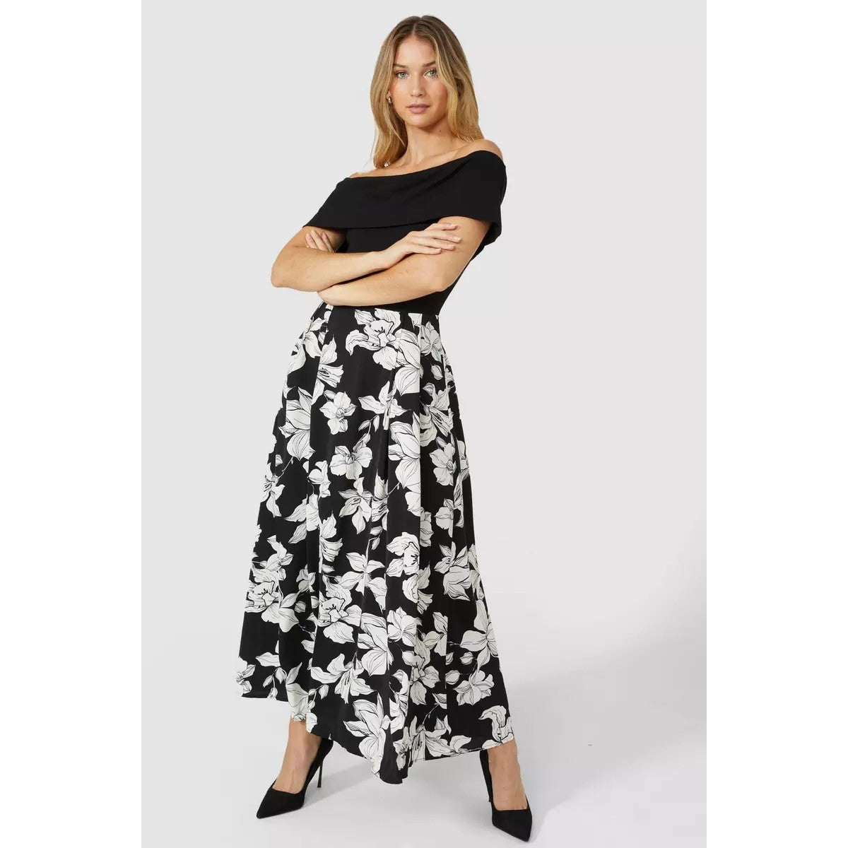 Black-White - Lifestyle - Principles Womens-Ladies Occasion Floral Off Shoulders Midaxi Dress