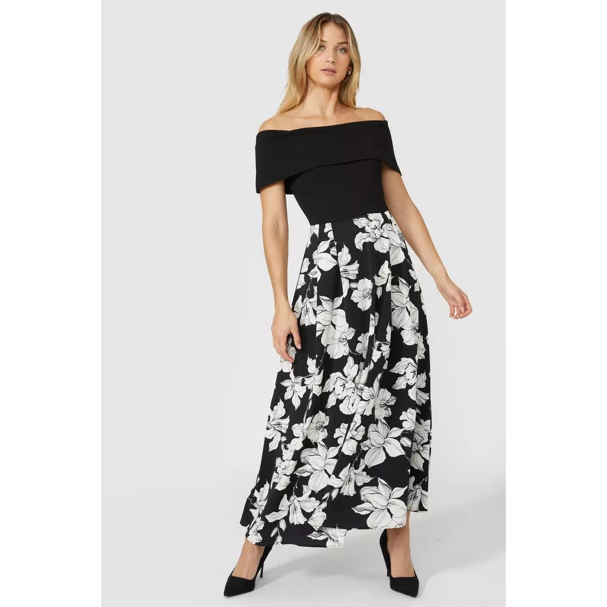 Black-White - Pack Shot - Principles Womens-Ladies Occasion Floral Off Shoulders Midaxi Dress