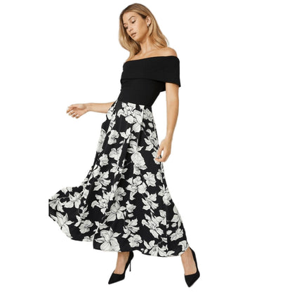 Black-White - Front - Principles Womens-Ladies Occasion Floral Off Shoulders Midaxi Dress