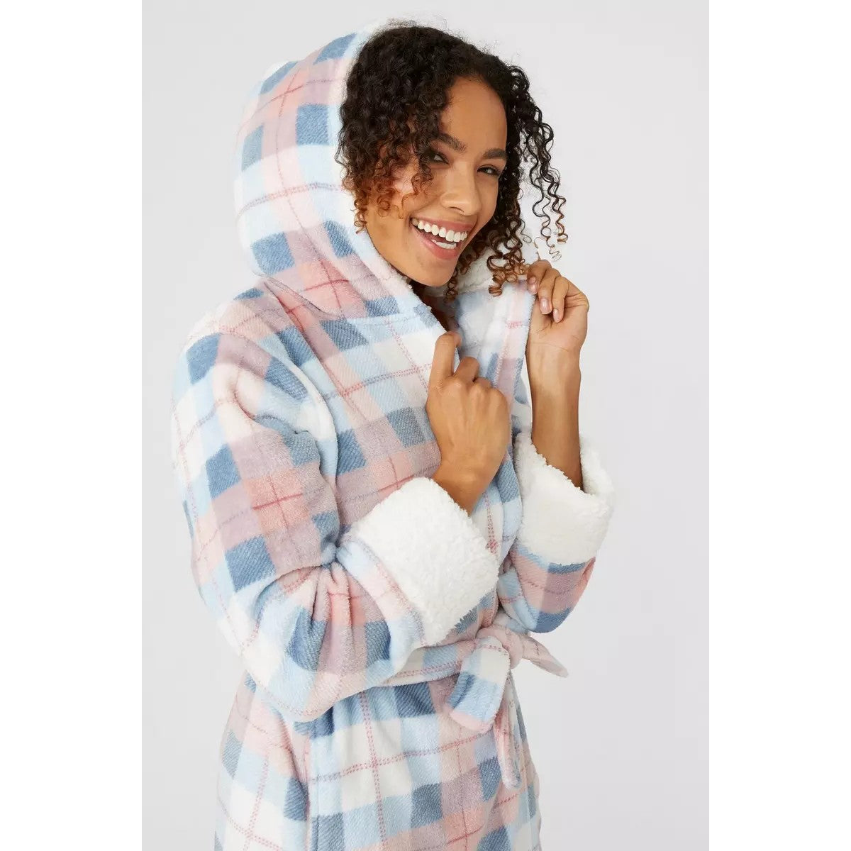 Blue-White - Side - Debenhams Womens-Ladies Checked Sherpa Hooded Dressing Gown