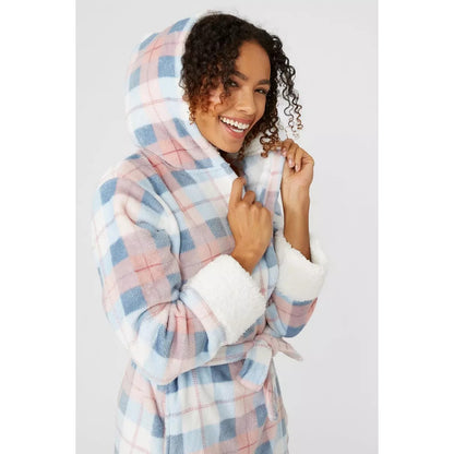 Blue-White - Side - Debenhams Womens-Ladies Checked Sherpa Hooded Dressing Gown