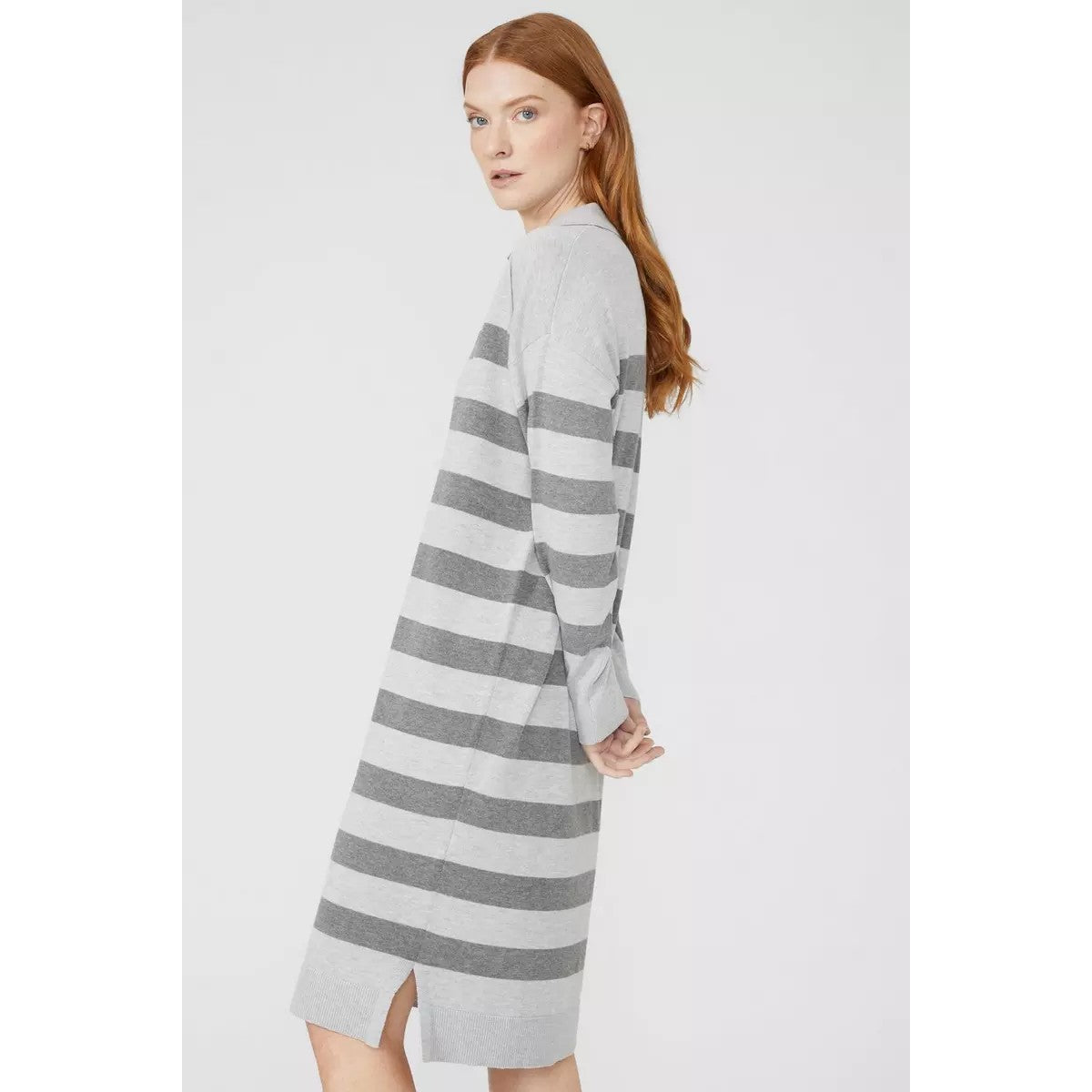 Grey - Side - Maine Womens-Ladies Striped Cotton V Neck Jumper Dress