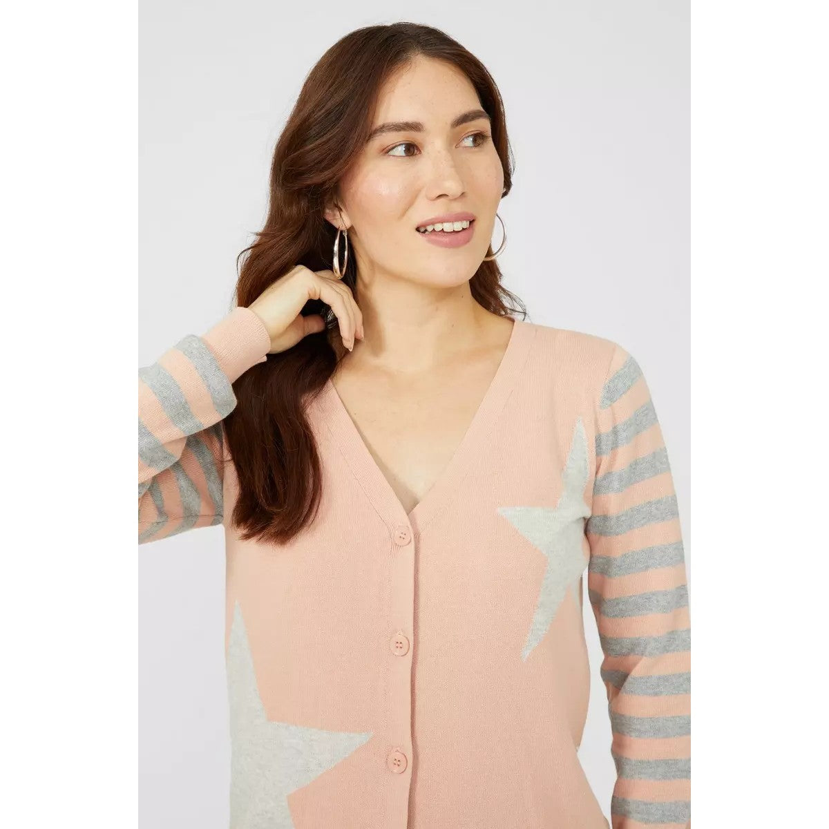 Dark Pink - Side - Mantaray Womens-Ladies Stars & Stripes Intarsia Long-Sleeved Cardigan