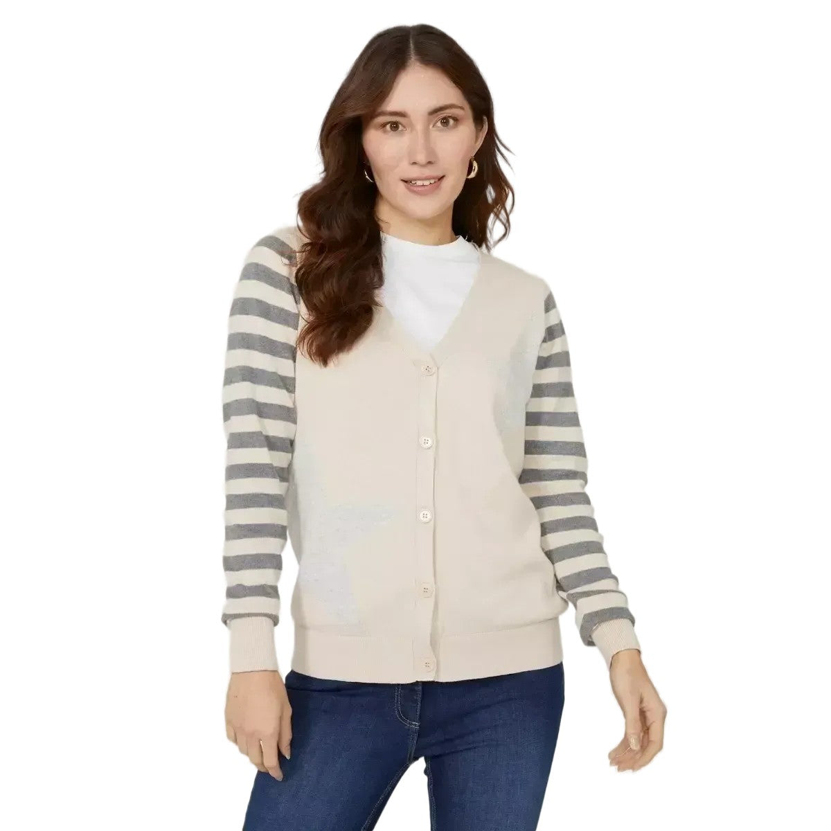 Oatmeal - Front - Mantaray Womens-Ladies Stars & Stripes Intarsia Long-Sleeved Cardigan