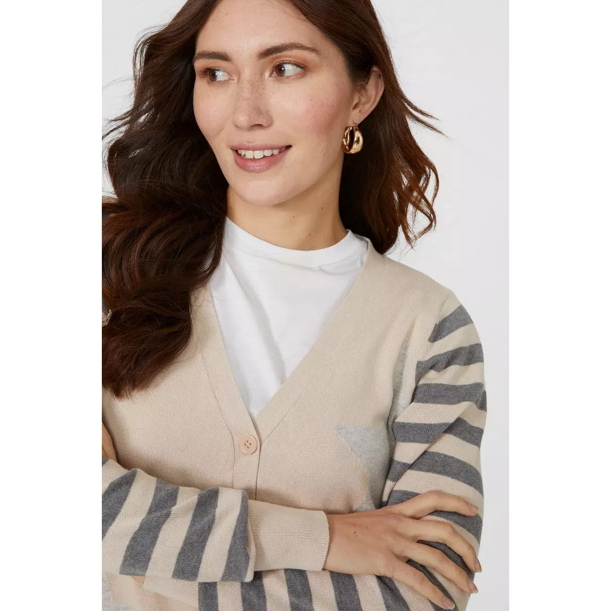 Oatmeal - Side - Mantaray Womens-Ladies Stars & Stripes Intarsia Long-Sleeved Cardigan