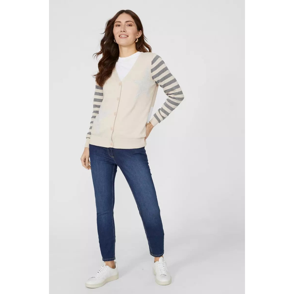 Oatmeal - Lifestyle - Mantaray Womens-Ladies Stars & Stripes Intarsia Long-Sleeved Cardigan
