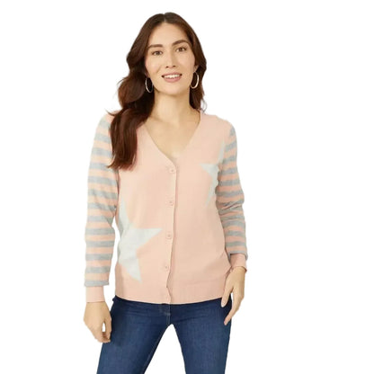 Dark Pink - Front - Mantaray Womens-Ladies Stars & Stripes Intarsia Long-Sleeved Cardigan
