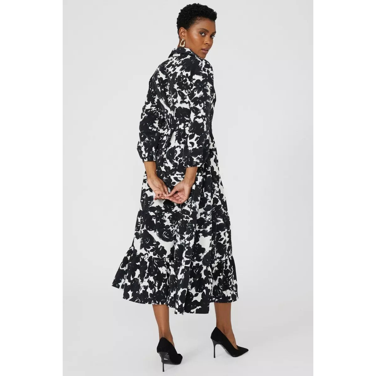 Monochrome - Back - Principles Womens-Ladies Floral 3-4 Sleeve Shirt Dress
