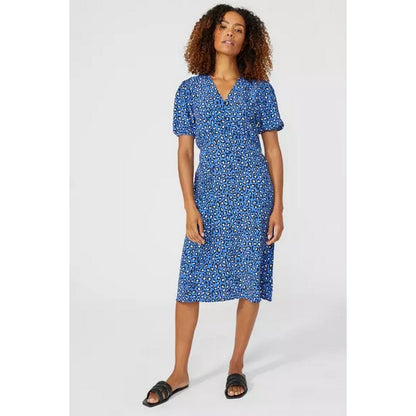Blue - Side - Mantaray Womens-Ladies Animal Print Woven V Neck Dress