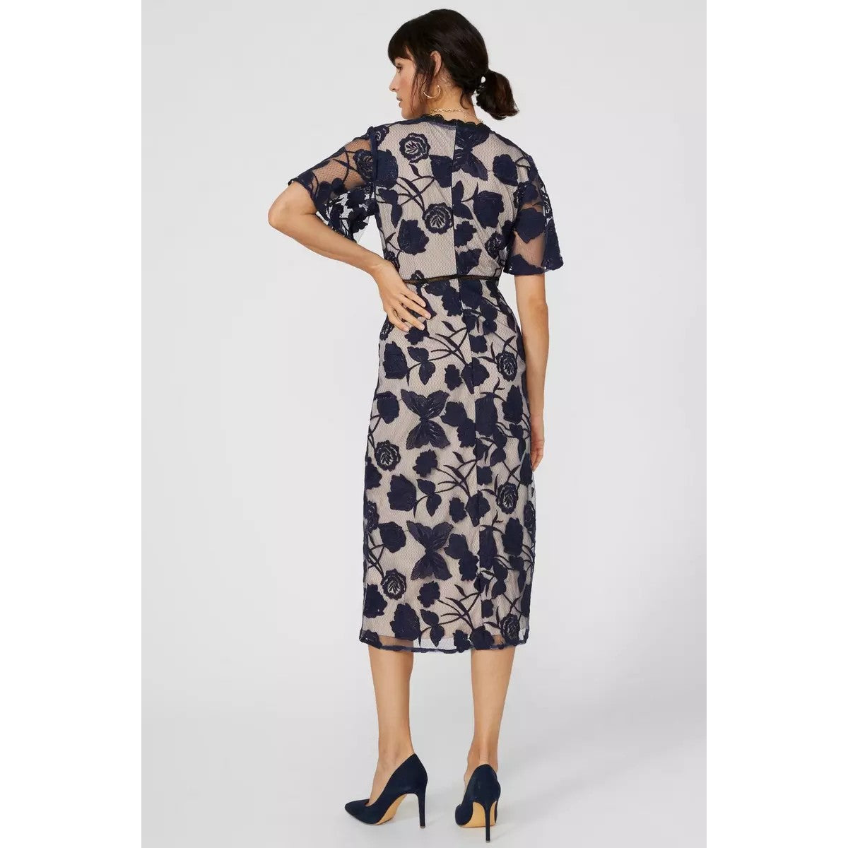 Navy - Back - Principles Womens-Ladies Contour Floral Lace Detail Midi Dress