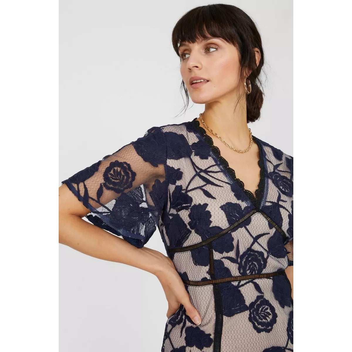 Navy - Side - Principles Womens-Ladies Contour Floral Lace Detail Midi Dress