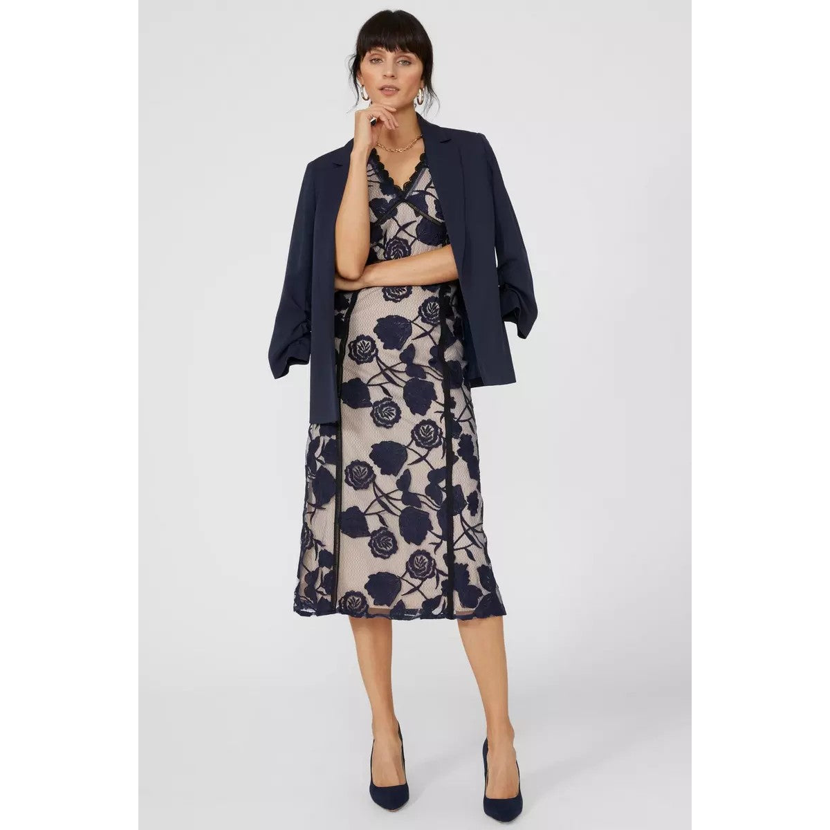 Navy - Pack Shot - Principles Womens-Ladies Contour Floral Lace Detail Midi Dress