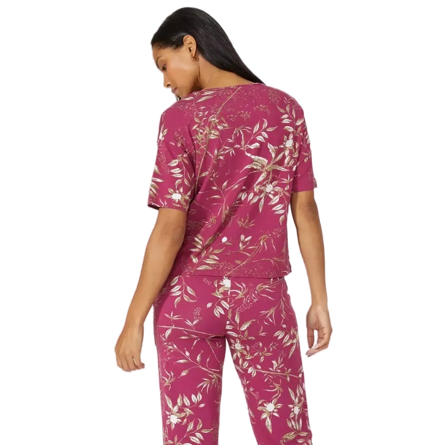 Burgundy - Back - Debenhams Womens-Ladies Sprigs Jersey Short-Sleeved Pyjama Top