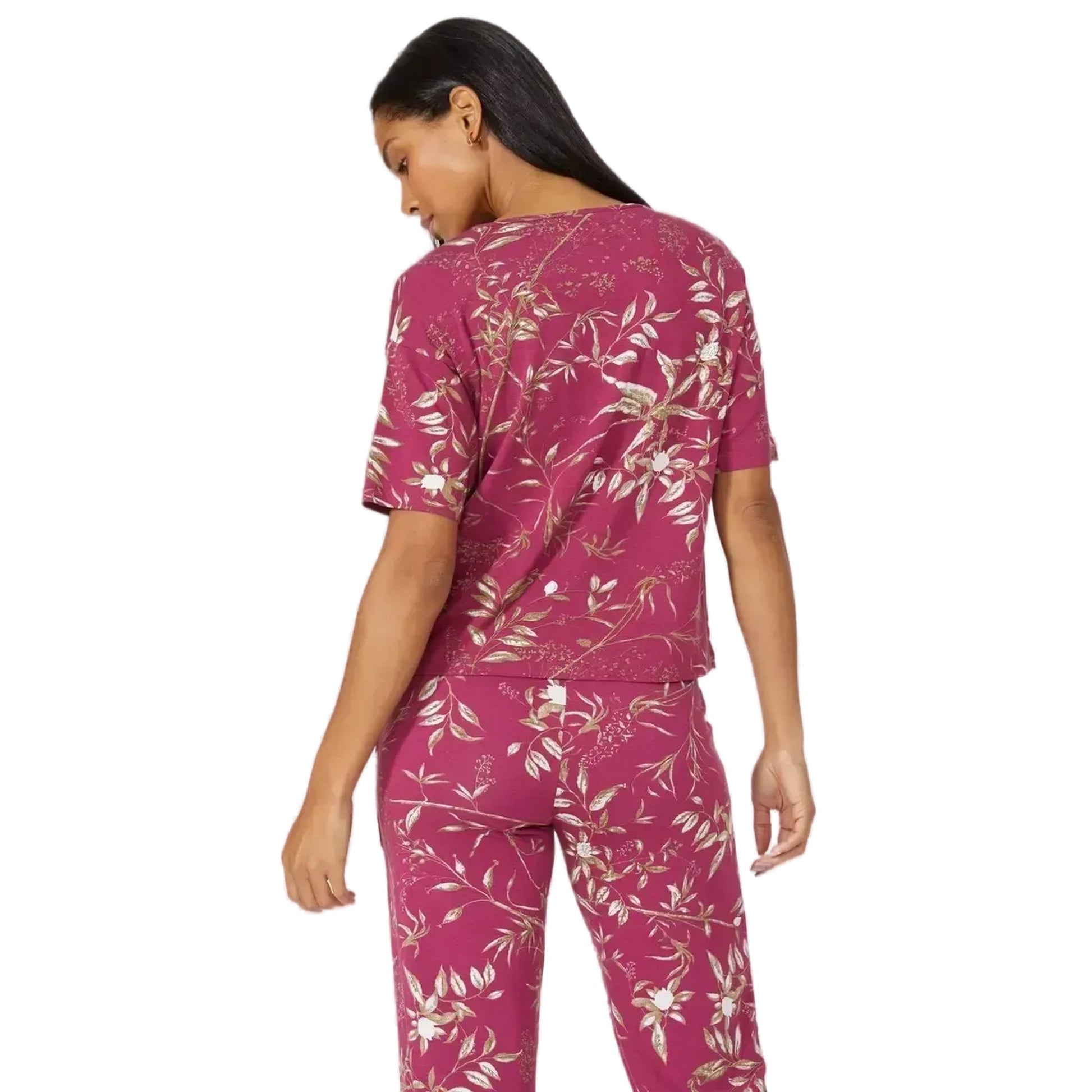 Burgundy - Back - Debenhams Womens-Ladies Sprigs Jersey Short-Sleeved Pyjama Top