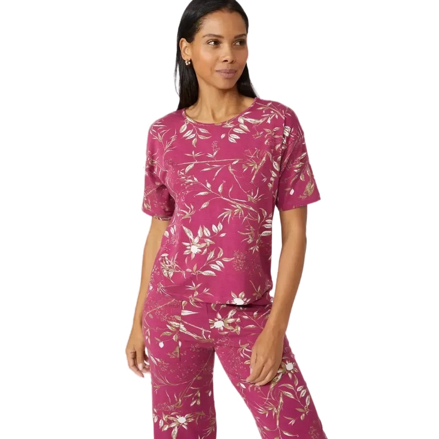 Burgundy - Side - Debenhams Womens-Ladies Sprigs Jersey Short-Sleeved Pyjama Top