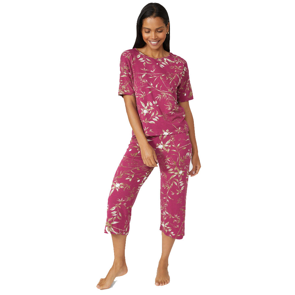 Burgundy - Front - Debenhams Womens-Ladies Sprigs Jersey Short-Sleeved Pyjama Top