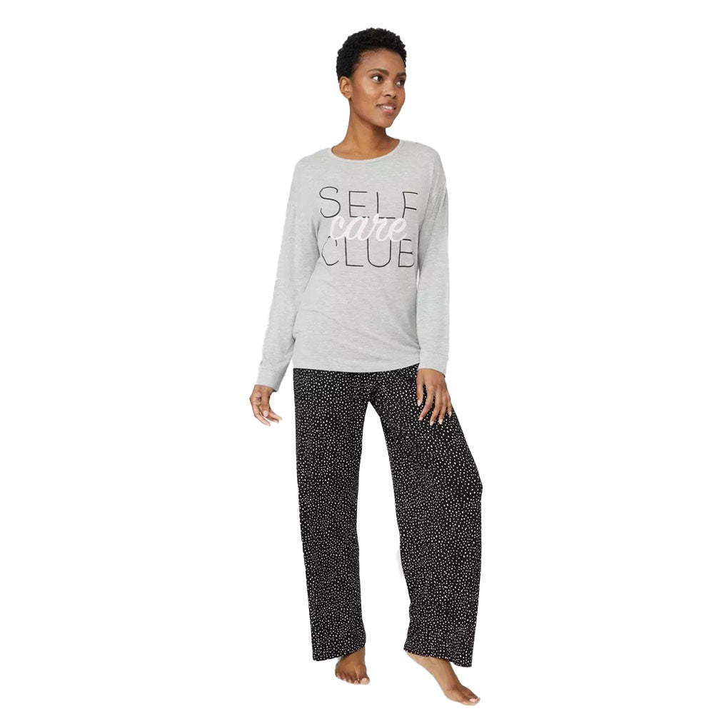 Grey - Front - Debenhams Womens-Ladies Self Love Club Long Pyjama Set