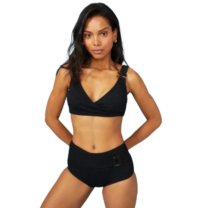 Black - Side - Debenhams Womens-Ladies Textured Cross Over Buckle High Waist Bikini Bottoms