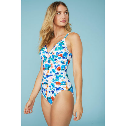 White-Blue - Front - Debenhams Womens-Ladies Watercolour Twisted One Piece Swimsuit