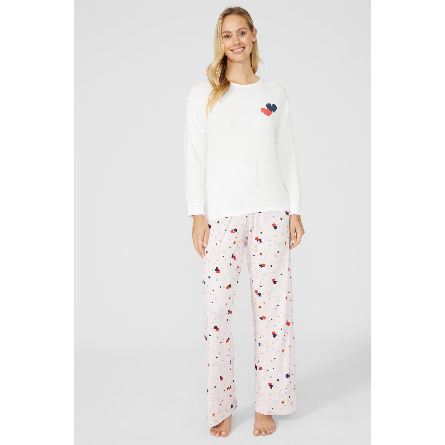 Pink-White - Front - Debenhams Womens-Ladies Stars & Hearts Petite Long Pyjama Set