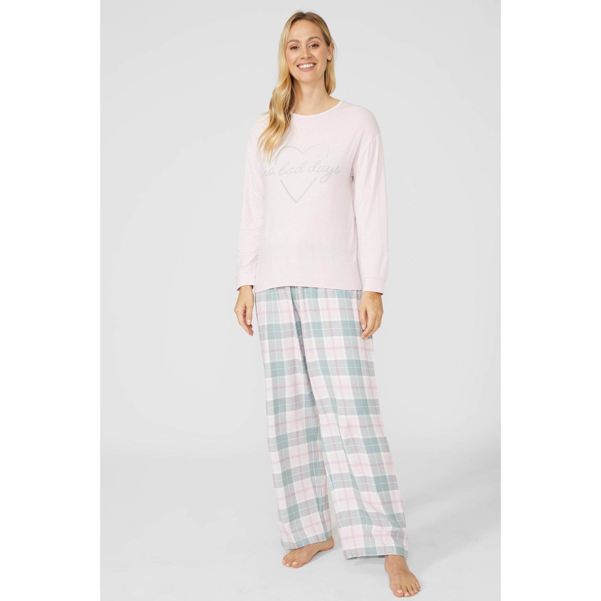 Pink - Front - Debenhams Womens-Ladies No Bad Days Checked Long Pyjama Set
