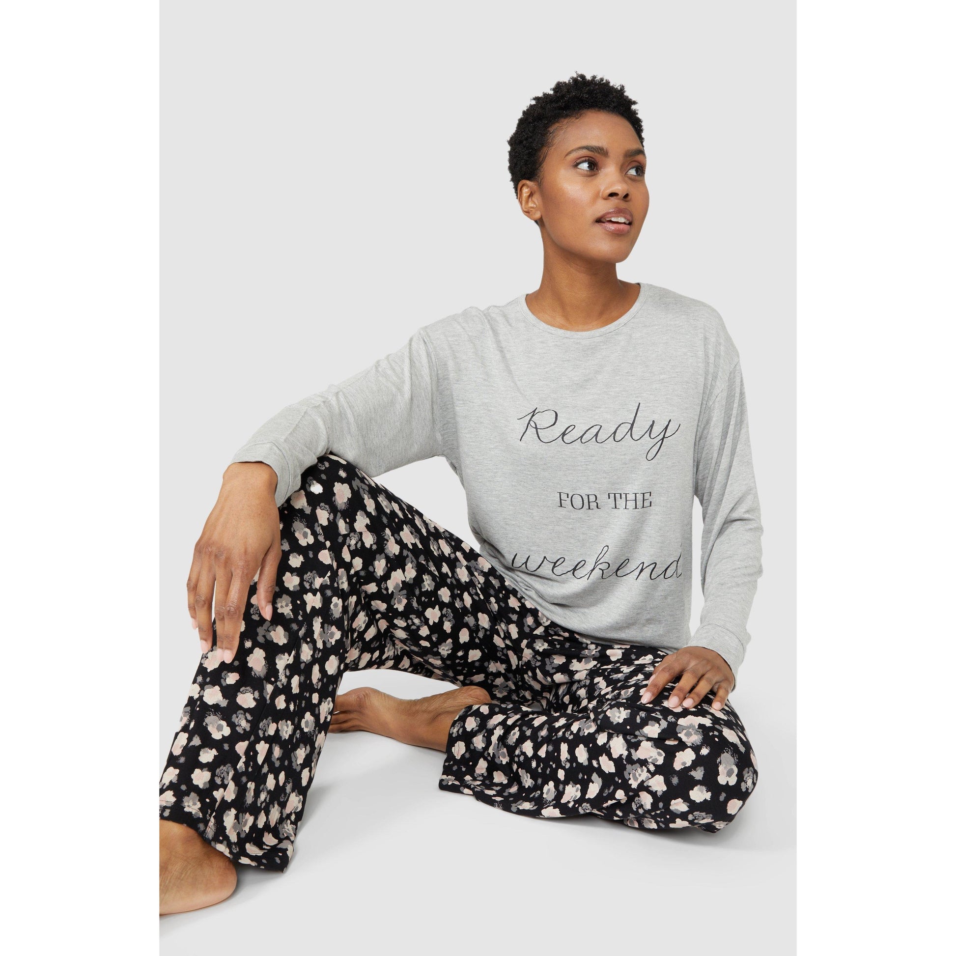 Grey - Front - Debenhams Womens-Ladies Ready For The Weekend Long Pyjama Set