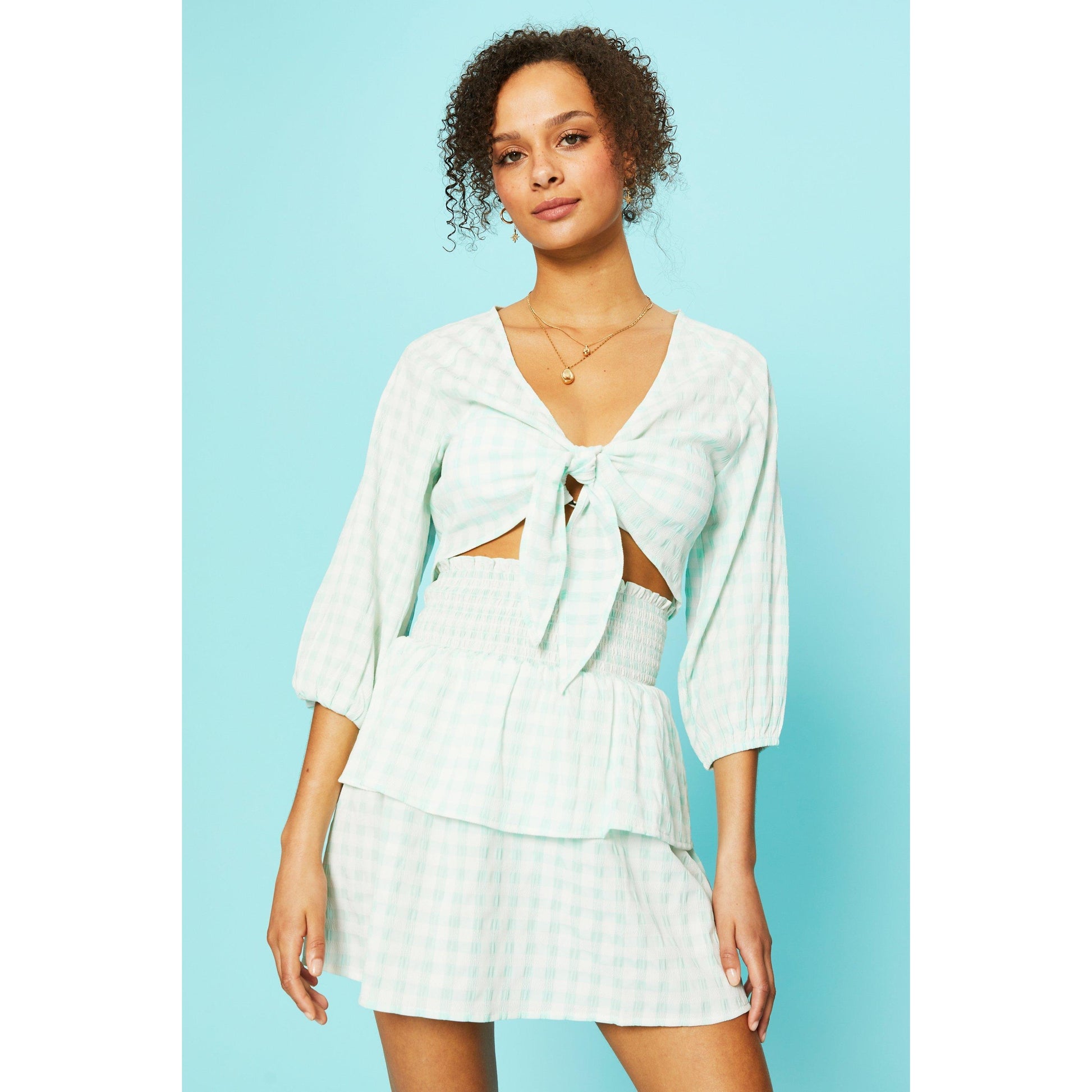 Mint - Front - Debenhams Womens-Ladies Checked Twisted Knot Front Crop Top