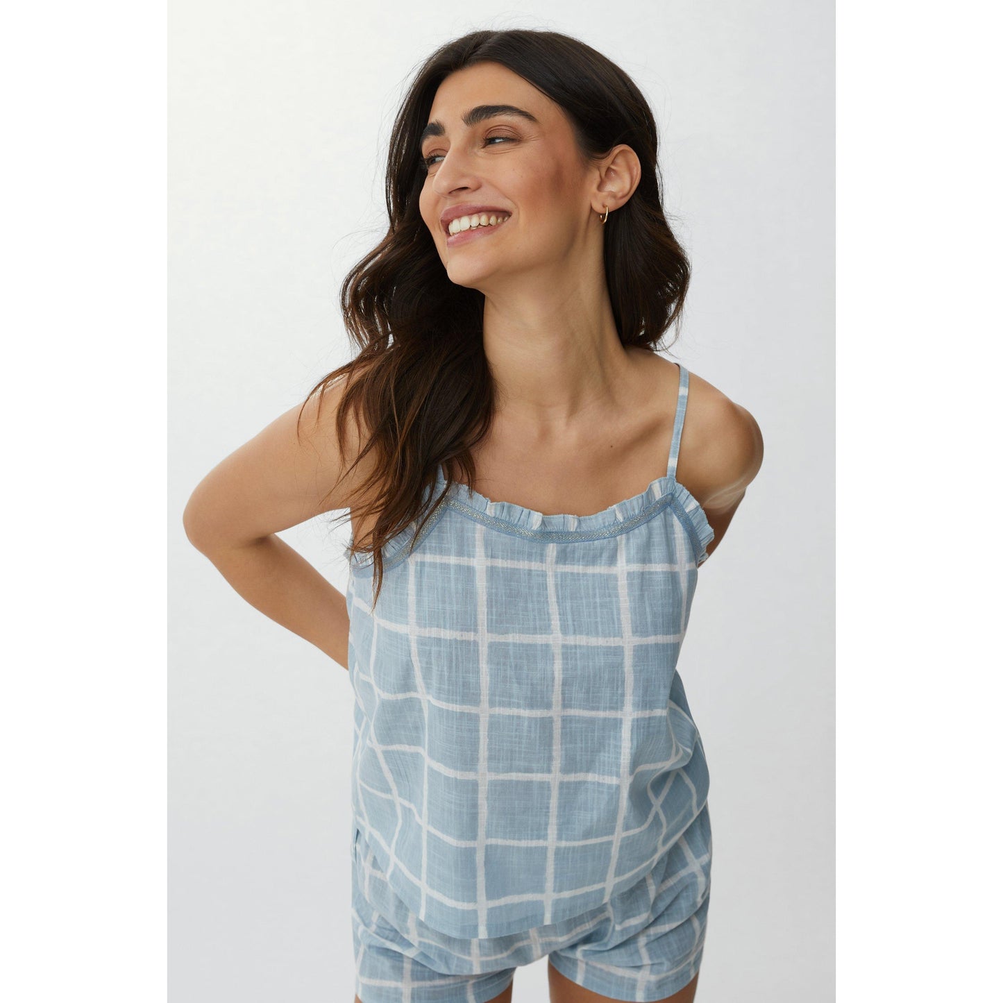 Blue - Front - Debenhams Womens-Ladies Checked Cotton Pyjama Top