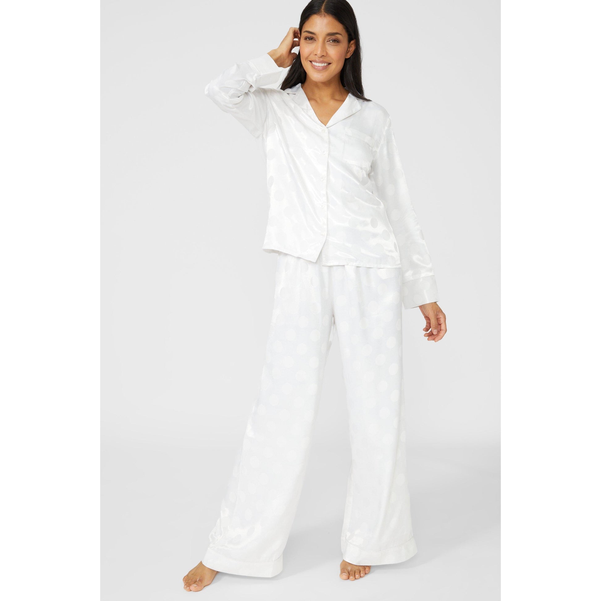 White - Front - Debenhams Womens-Ladies Spotted Jacquard Revere Collar Long-Sleeved Pyjama Set